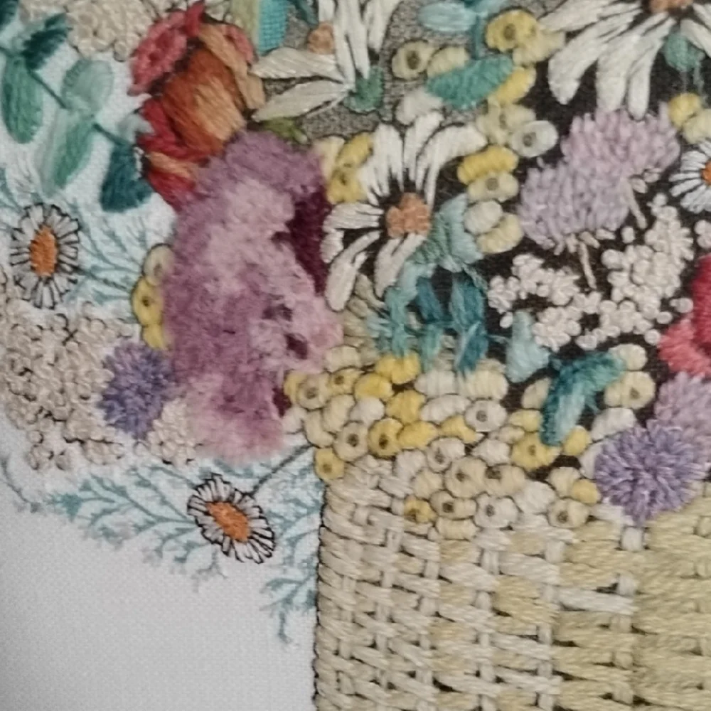 . Vintage Embroidery Framed Floral Wall Art - Flower Basket, Pink Mat, Wood